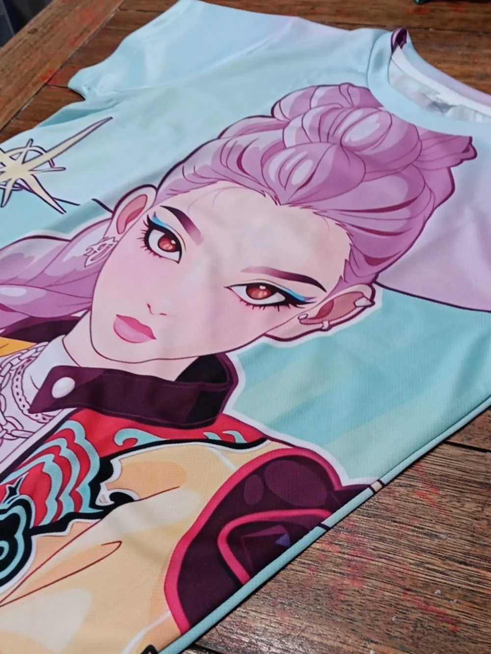 Pink and Aqua Anime Print Top - Stylish Graphic Design Demon Hunters  RUMI